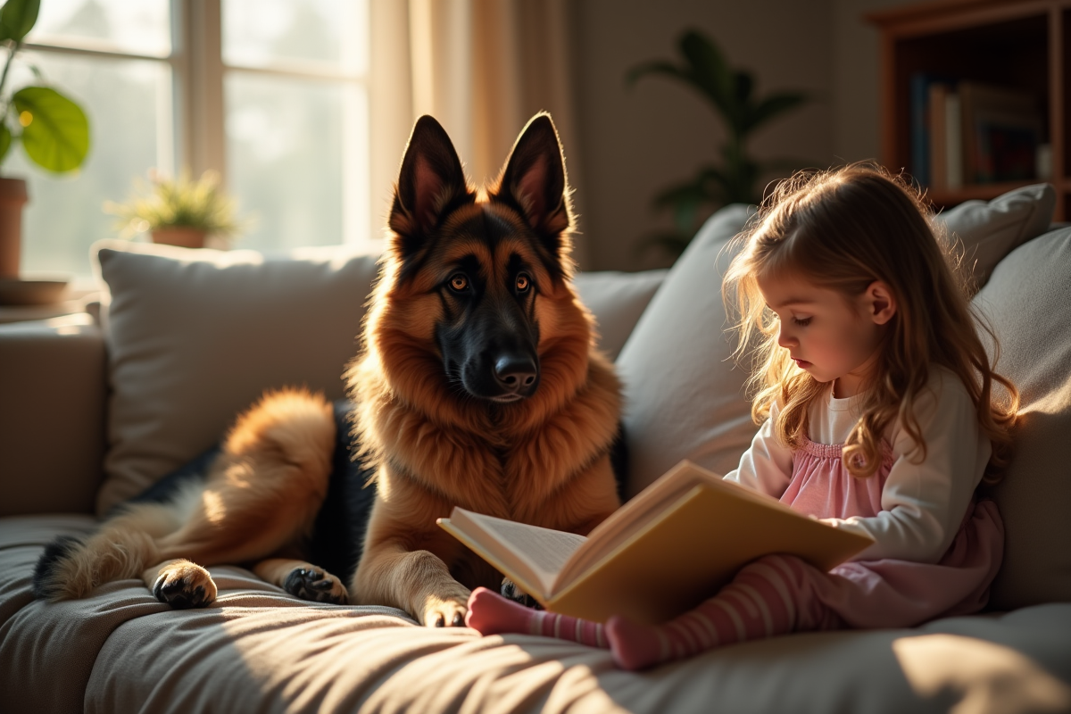 Chien belge assis près d une fille lisant dans le salon