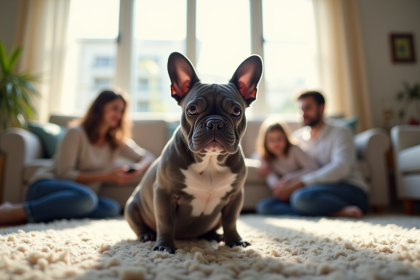 Bulldog français assis dans un salon avec famille