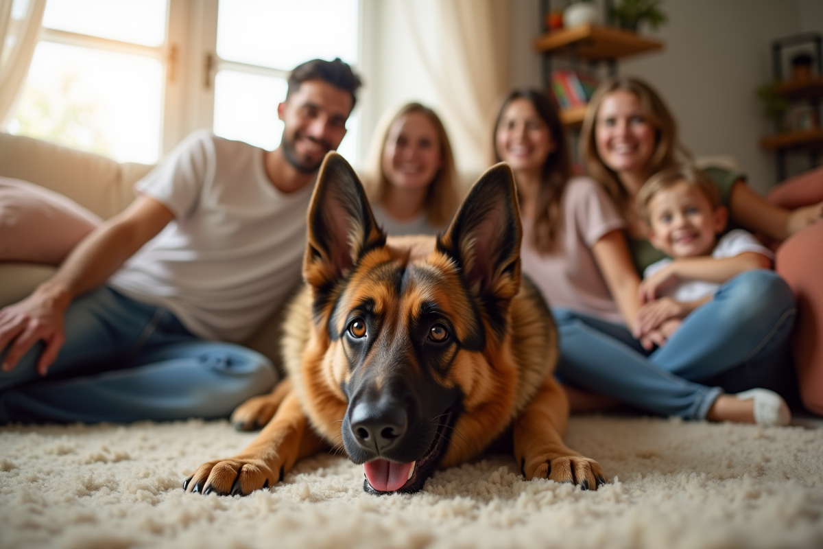 Chien German Shepherd couché dans le salon avec famille souriante