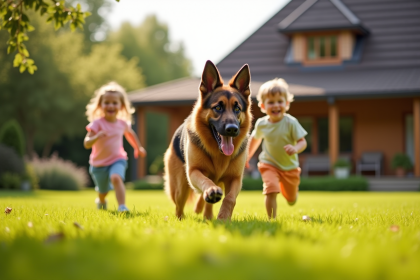 Chien German Shepherd jouant dans le jardin ensoleille avec enfants