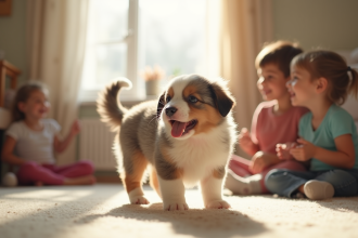 Chiot Australian Shepherd jouant avec des enfants dans le salon
