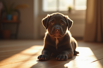 Jeune chiot cane corso assis sur un sol en bois en intérieur