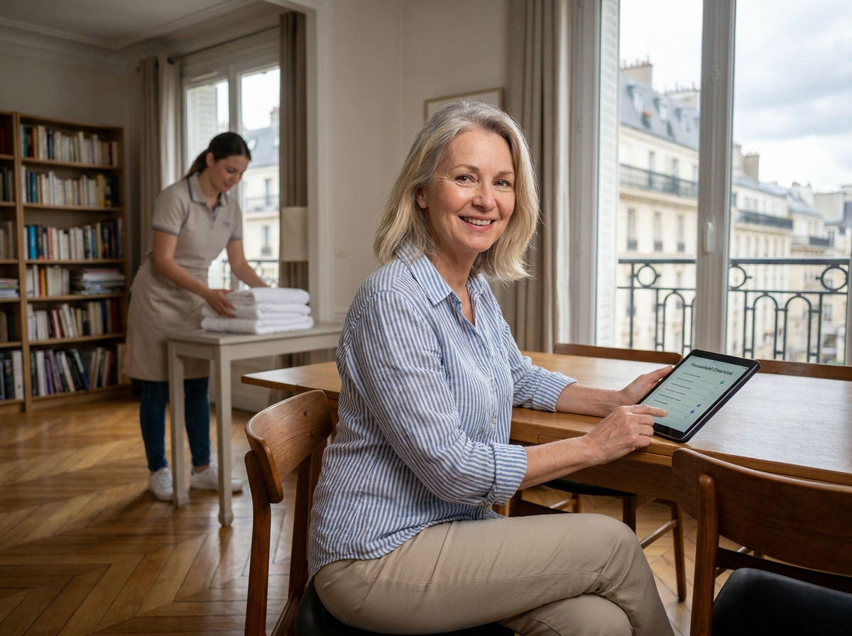 Femme cliente consultant un planning de tâches ménagères avec un service à domicile Centre Services dans un appartement à Puteaux