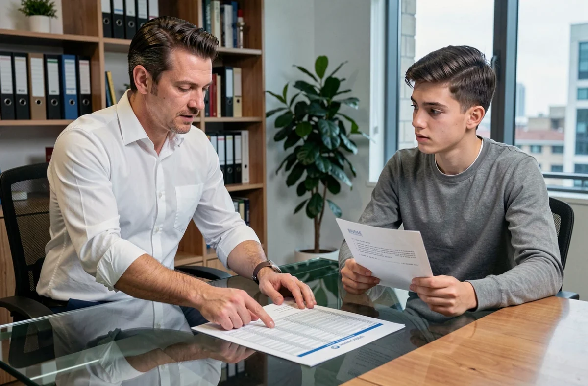 Conseiller financier expliquant le cumul des bourses et aides locales à un jeune étudiant dans un bureau professionnel