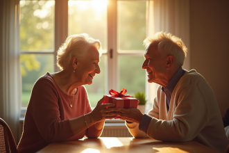 Couple agee echangeant cadeaux anniversaire lumineux