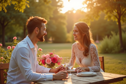 Couple heureux célébrant leur sixième anniversaire de mariage dans un jardin ensoleille
