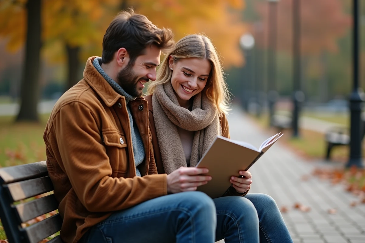 Couple assis sur un banc de parc lisant des questions pour mieux se connaître et planifier leur avenir ensemble