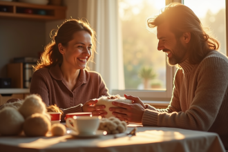 Couple souriant échangeant des cadeaux en laine fait main au petit déjeuner