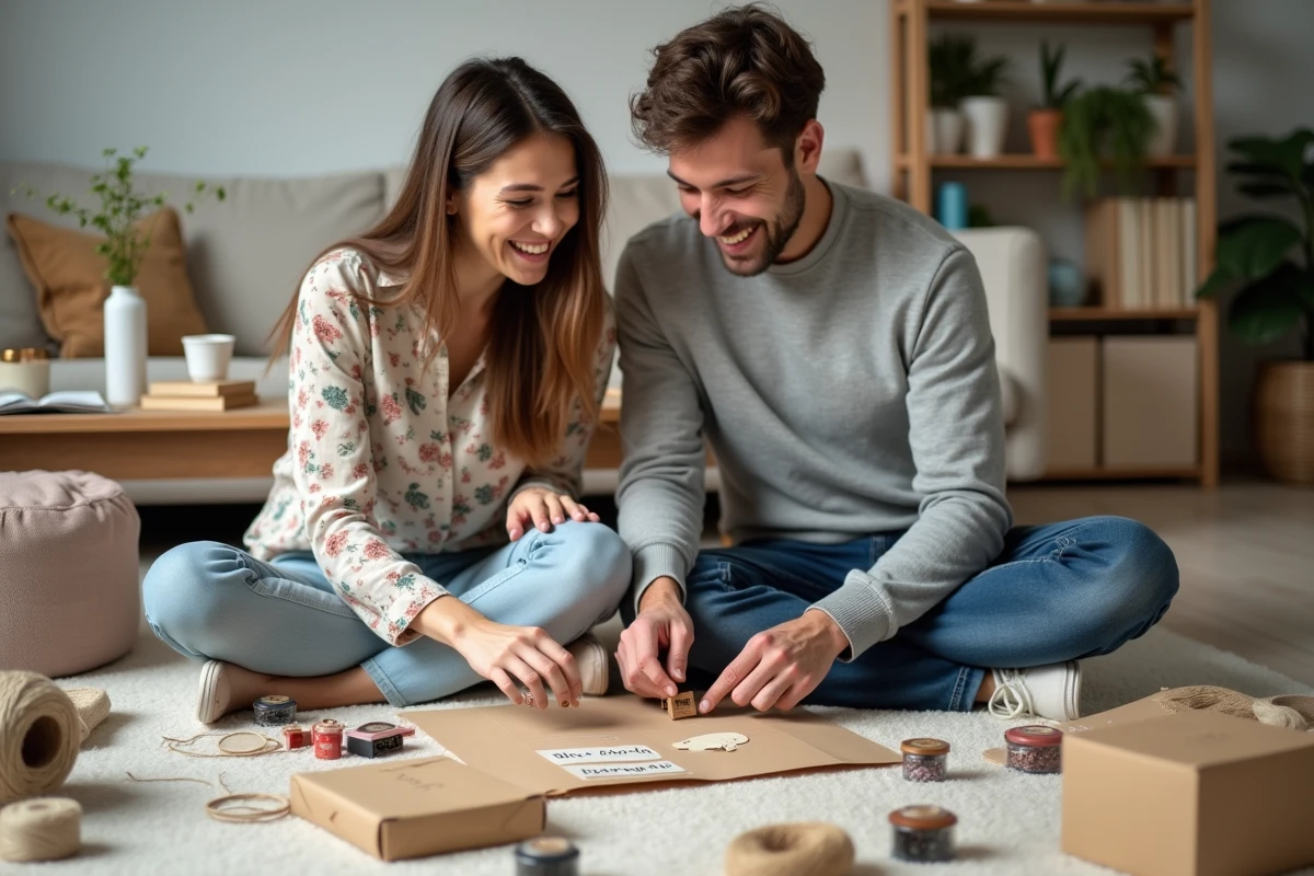 Couple préparant ensemble des cartes et cadeaux DIY artisanaux pour annoncer leur grossesse aux futurs grands-parents