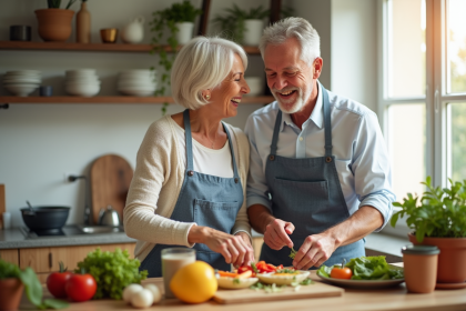 Couple d'âge moyen préparant un repas coloré dans une cuisine lumineuse