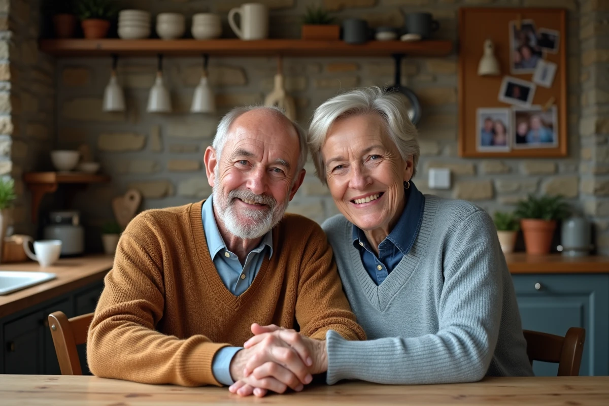 Couple souriant dans une cuisine rustique chaleureuse
