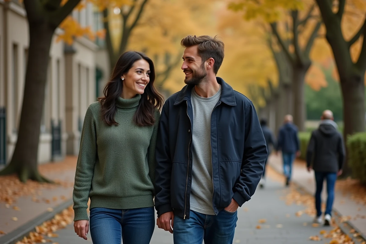 Couple se promenant discrètement dans une rue pavée en automne, évoquant la protection de la vie privée en couple