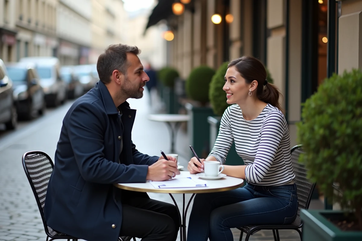 Couple discutant calmement de leur score au simulateur de force amoureuse autour d'un café en terrasse avec des notes écrites