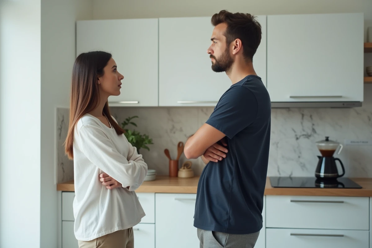 Couple en tension dans une cuisine moderne, homme qui tourne le dos à sa partenaire après une dispute