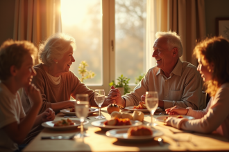 Couple de seniors souriant lors d'un repas familial chaleureux