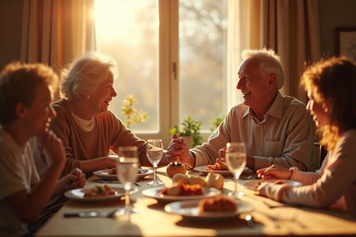Couple de seniors souriant lors d'un repas familial chaleureux