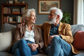 Couple français élégant discutant dans un salon cosy