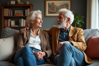 Couple français élégant discutant dans un salon cosy