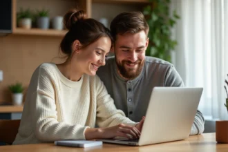 Couple de futurs parents consultant une liste de naissance en ligne sur un ordinateur portable à la maison
