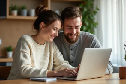 Couple de futurs parents consultant une liste de naissance en ligne sur un ordinateur portable à la maison