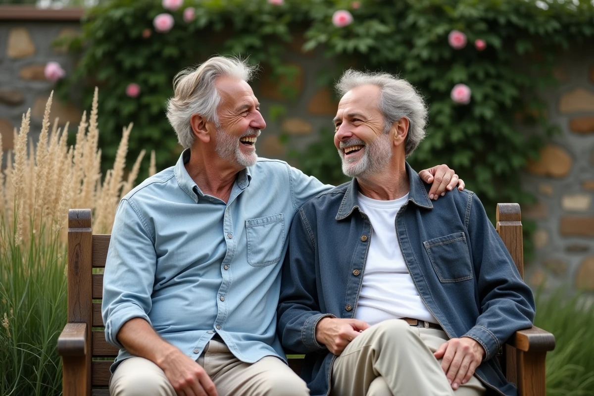 Deux hommes en couple assis sur un banc de jardin, moment complice et détendu en extérieur