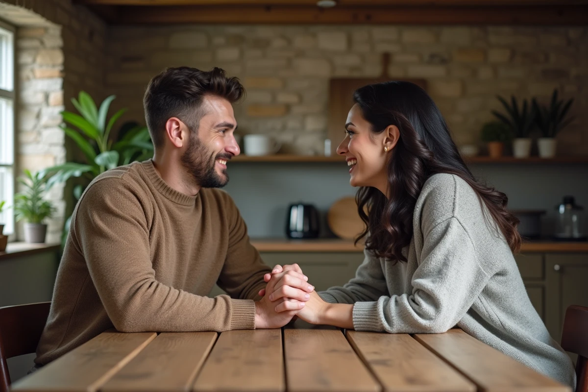Couple main dans main dans cuisine chaleureuse
