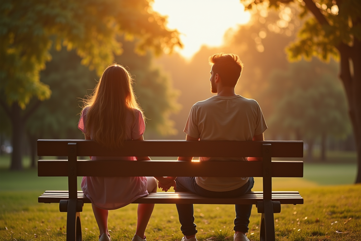 Couple main dans la main dans un parc ensoleillee ambiance pensive