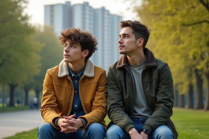 Jeune couple assis sur un banc dans un parc urbain