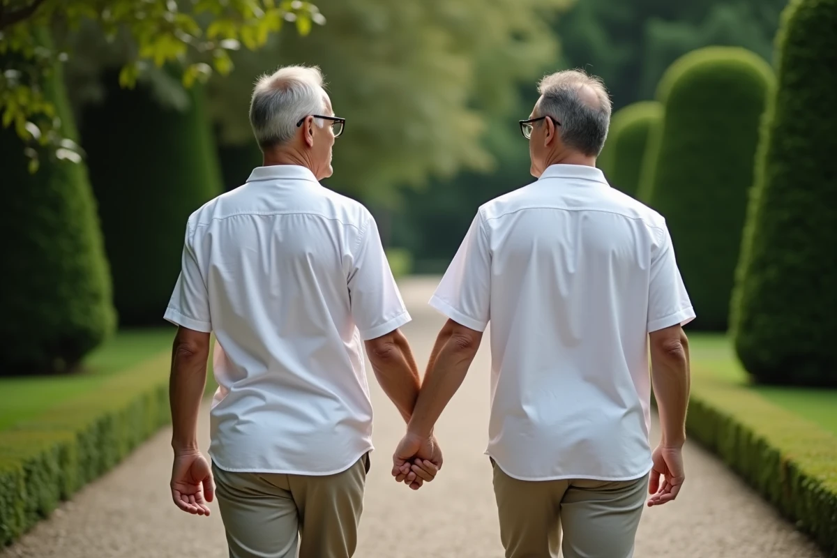 Couple se tenant la main dans un parc privé soigné, promenade tendre et vie personnelle assumée