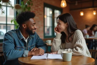 Couple jouant à un jeu de questions pour tester leur compatibilité amoureuse dans un café
