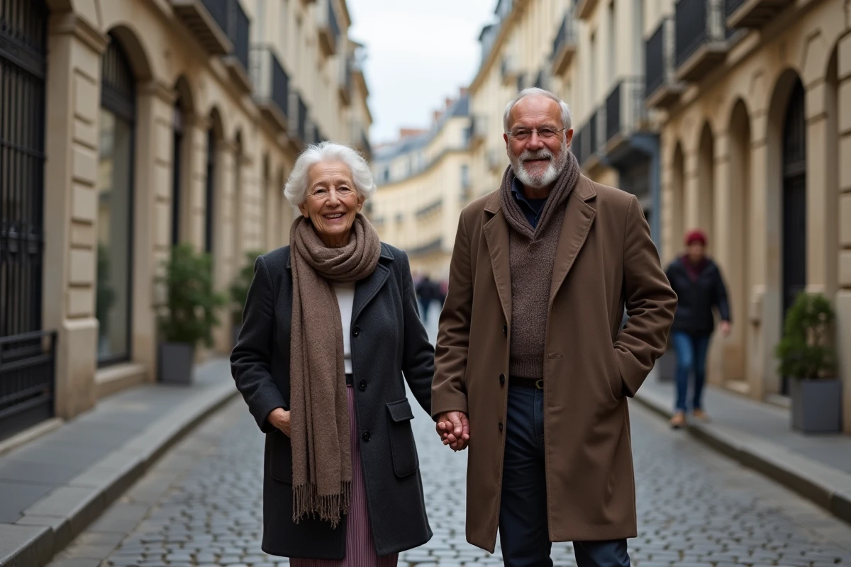 Couple âgé souriant main dans la main dans une rue pavée française