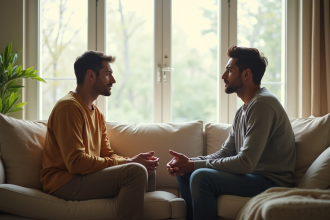 Couple assis séparément dans un salon lumineux tension