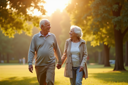 Couple senior se tenant la main dans un parc ensoleille