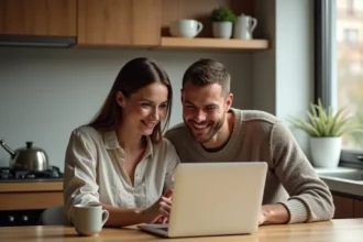 Couple regardant ensemble les résultats d'un simulateur de compatibilité amoureuse sur un ordinateur portable dans une cuisine moderne
