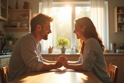 Couple souriant dans la cuisine lumineuse du matin