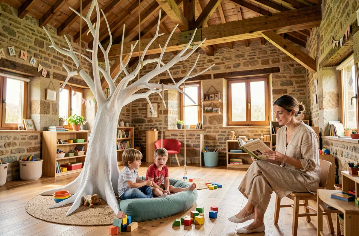 Espace de jeu intérieur avec installation arbre à la crèche L'Arbre aux Enfants à Notre-Dame-des-Landes, Loire-Atlantique