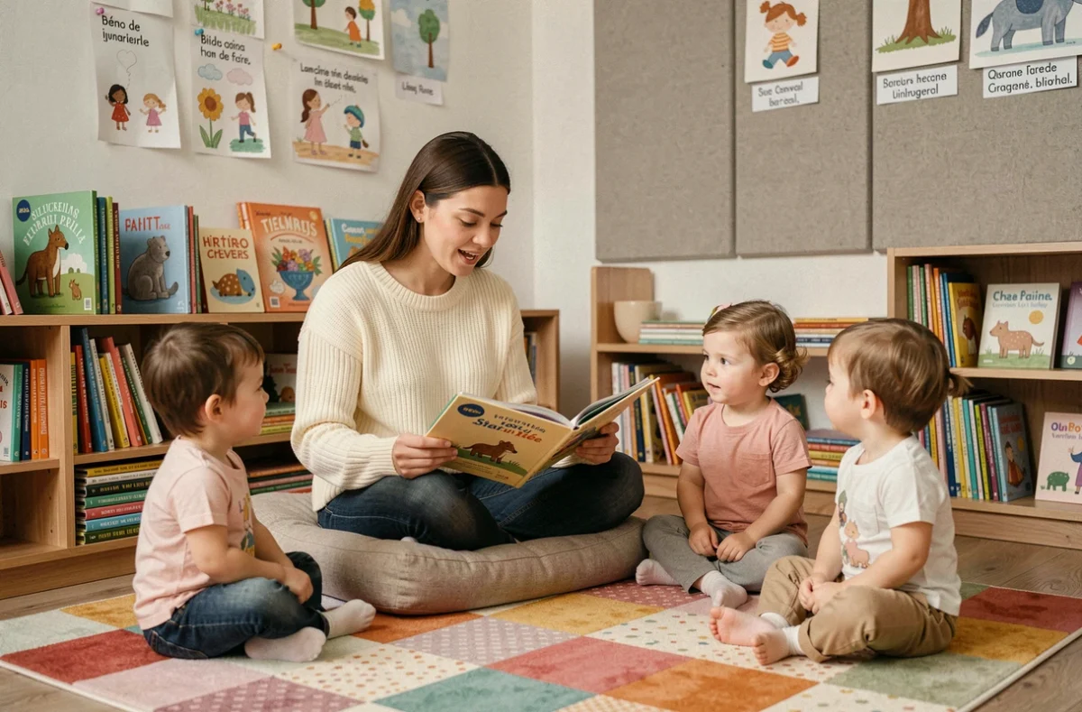Éducatrice lisant un livre bilingue à voix haute à un groupe de jeunes enfants dans un coin lecture cosy d'une crèche bilingue
