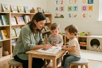 Éducatrice bilingue guidant des enfants en bas âge à travers un livre illustré en français et en anglais dans une crèche bilingue chaleureuse
