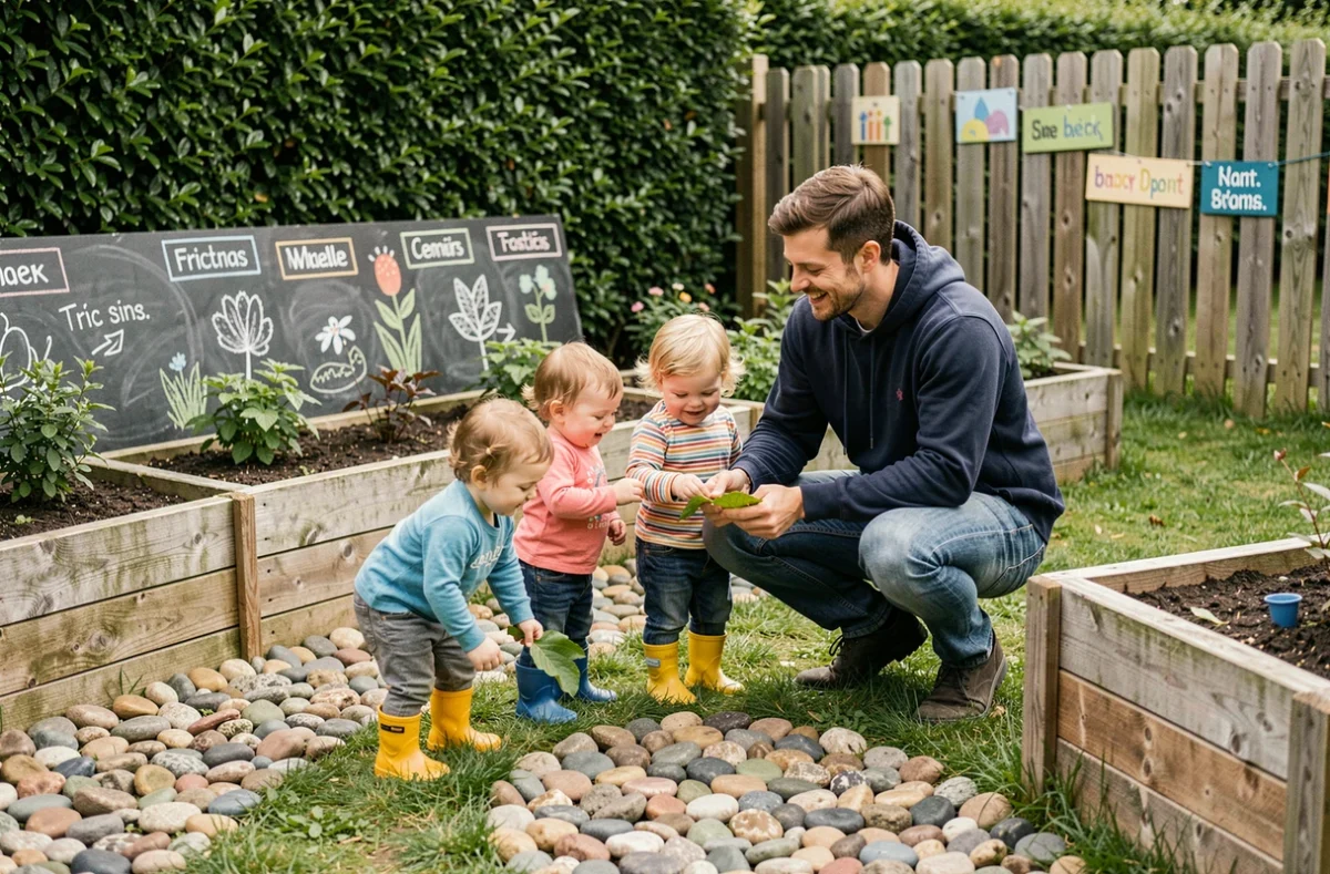 Enfants et éducateur explorant un jardin sensoriel bilingue en plein air dans une crèche avec des étiquettes en français et en anglais