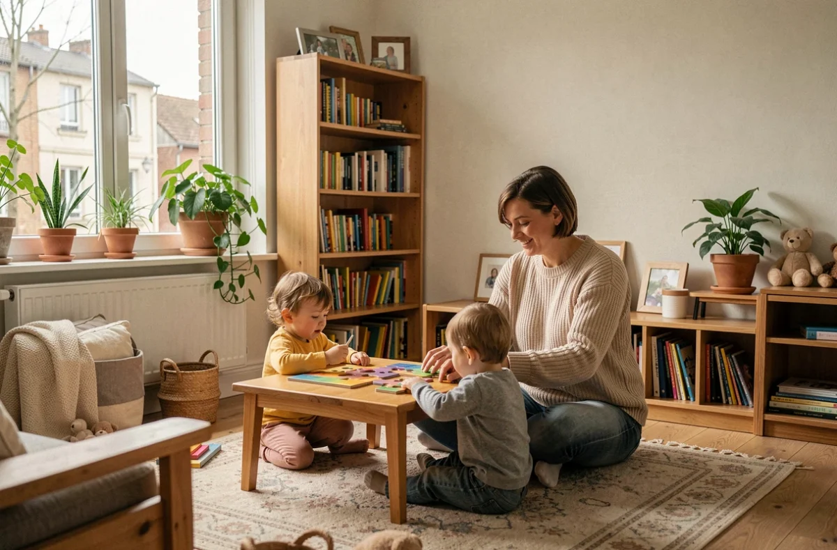 Assistante maternelle de la crèche familiale Bordeaux Nord aidant deux enfants à réaliser un puzzle dans un cadre domestique