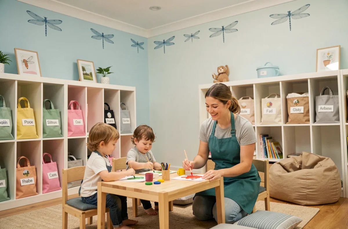 Salle d'activités de la crèche Les Libellules à Vannes avec des enfants faisant de la peinture