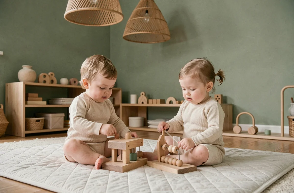 Deux tout-petits explorant des jouets en bois sur un tapis douillet dans la crèche Montessori l'Art De Grandir Lolipop