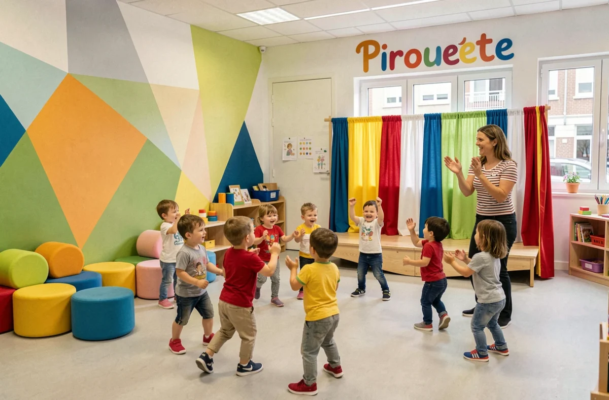 Enfants dansant avec une éducatrice dans la crèche Pirouette à Nantes, Loire-Atlantique