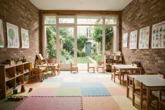 Intérieur chaleureux d'une crèche en Gironde avec espace de jeux coloré et mobilier adapté aux tout-petits