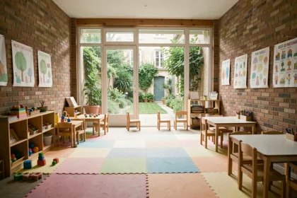 Intérieur chaleureux d'une crèche en Gironde avec espace de jeux coloré et mobilier adapté aux tout-petits