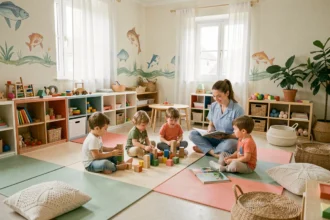 Vue d'ensemble d'une crèche chaleureuse dans le Morbihan avec des enfants jouant et une éducatrice bienveillante