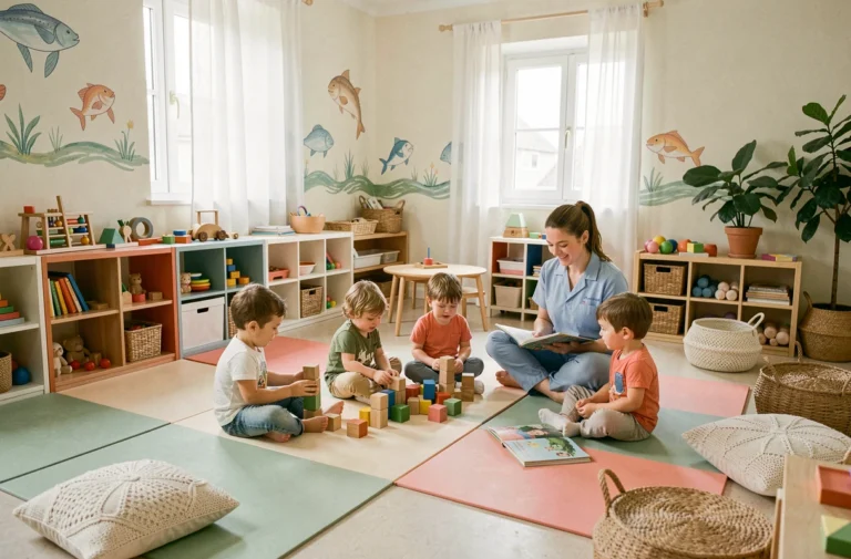 Vue d'ensemble d'une crèche chaleureuse dans le Morbihan avec des enfants jouant et une éducatrice bienveillante