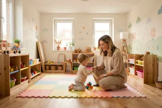 Salle de jeux d'une crèche des Pays de la Loire avec une éducatrice accompagnant des tout-petits dans un environnement chaleureux et coloré