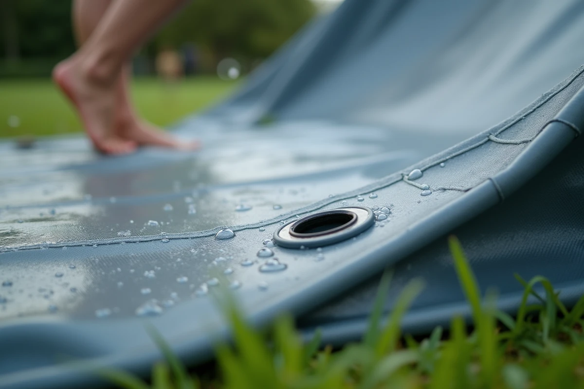 Détail des coutures renforcées et des œillets étanches d'une bâche de ventriglisse pour éviter les fuites d'eau