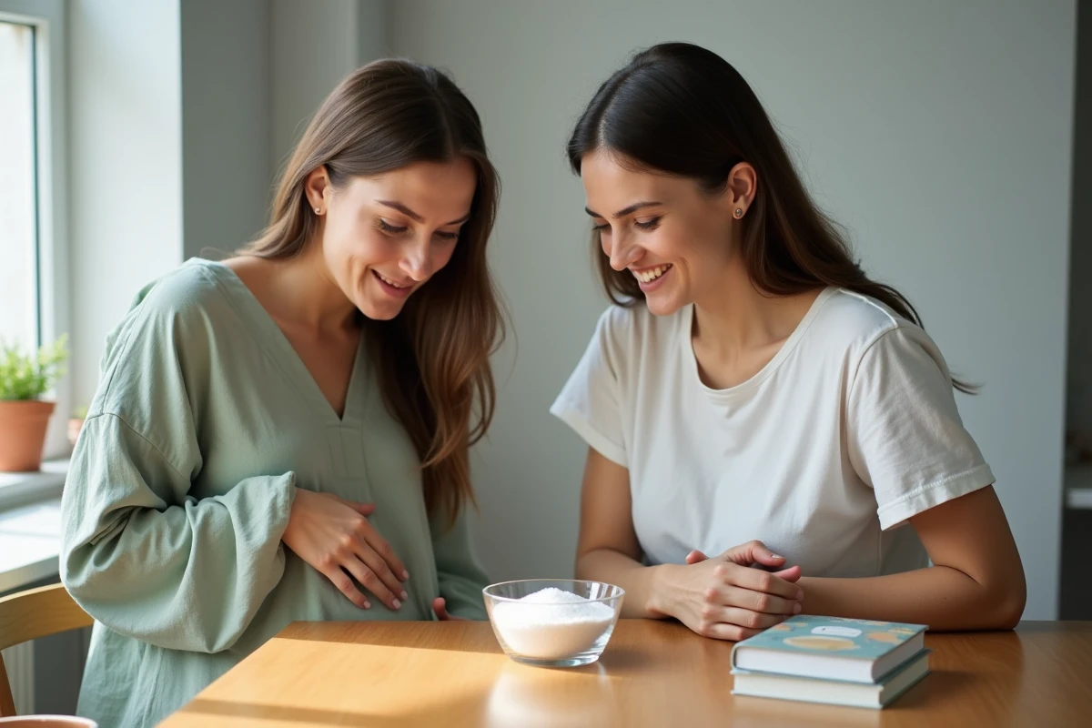 Deux amies dont une femme enceinte observant un bol de sel en riant, découverte du test du sel pour prédire le sexe du bébé